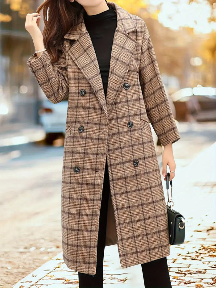 Dame Rutete Trenchcoat med Dobbeltknappet Lukking