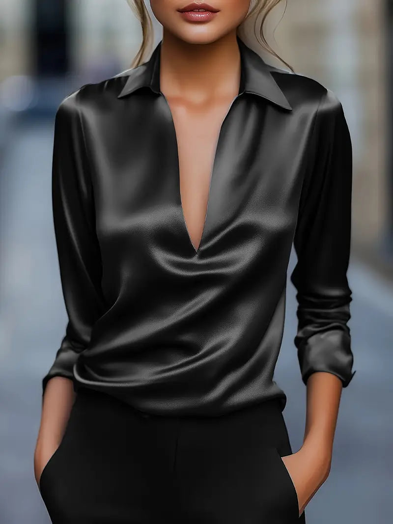 Damebluse | Langermet Krage V-Hals