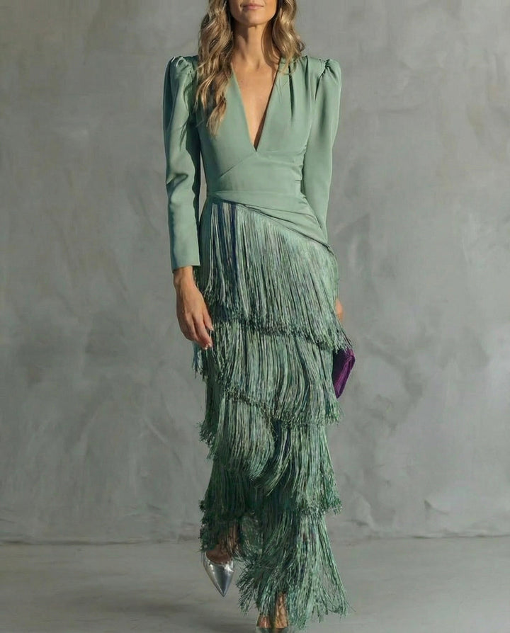 Kvinne Cocktail Maxi Kjole | V-Hals Frynse