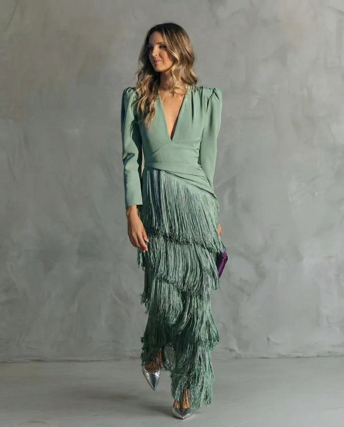 Kvinne Cocktail Maxi Kjole | V-Hals Frynse