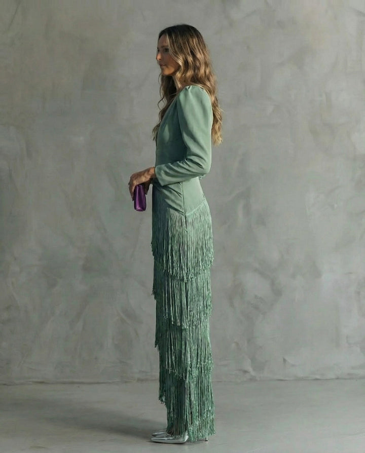 Kvinne Cocktail Maxi Kjole | V-Hals Frynse