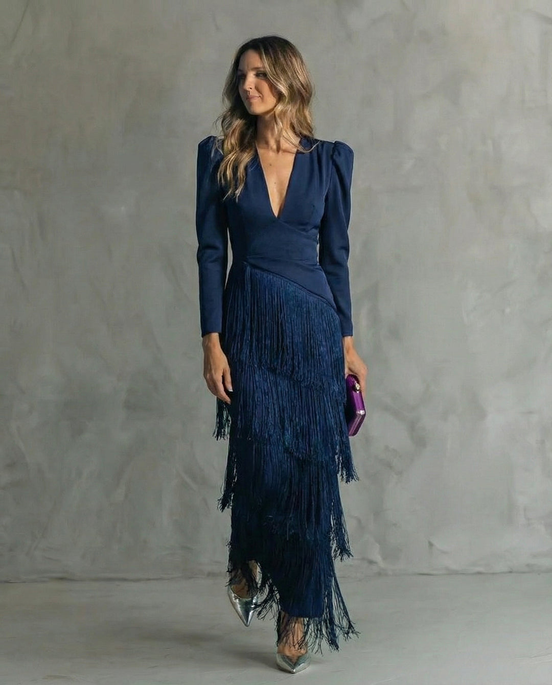 Kvinne Cocktail Maxi Kjole | V-Hals Frynse