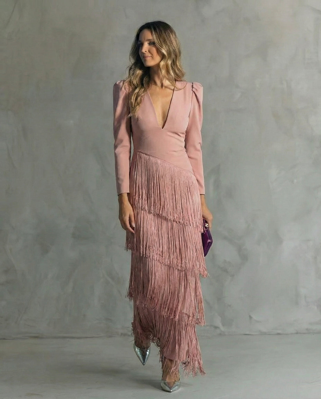 Kvinne Cocktail Maxi Kjole | V-Hals Frynse