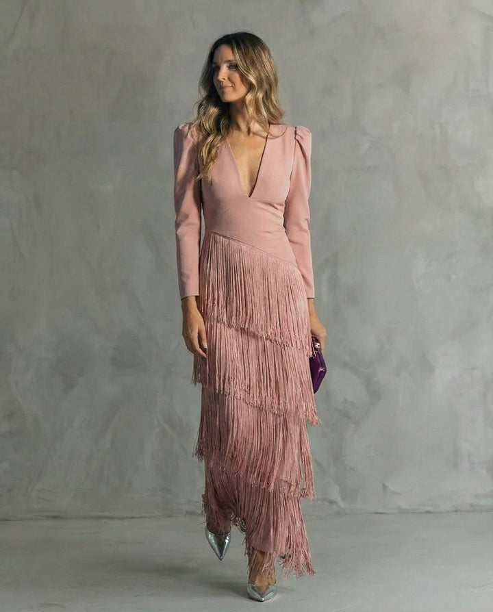 Kvinne Cocktail Maxi Kjole | V-Hals Frynse
