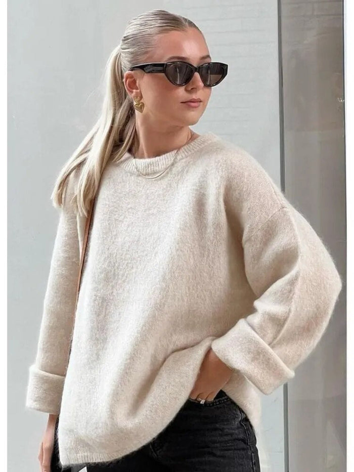 Dame Oversized Genser med Rund Hals og Løs Passform