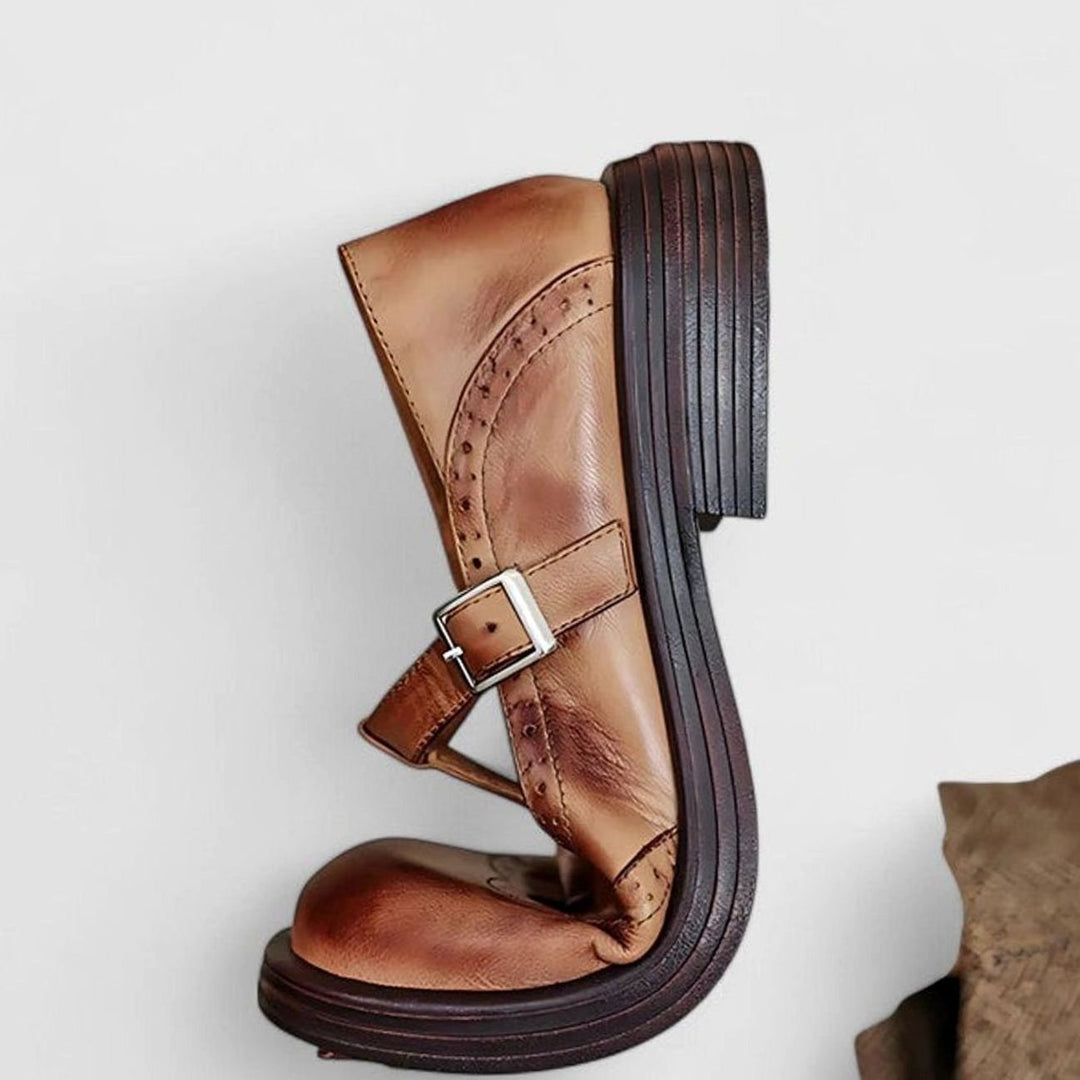 Cecilia | Kvinne Vintage Brogue Lær T-Stropper Sko Spenne Flats