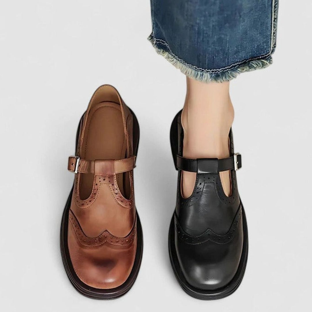 Cecilia | Kvinne Vintage Brogue Lær T-Stropper Sko Spenne Flats