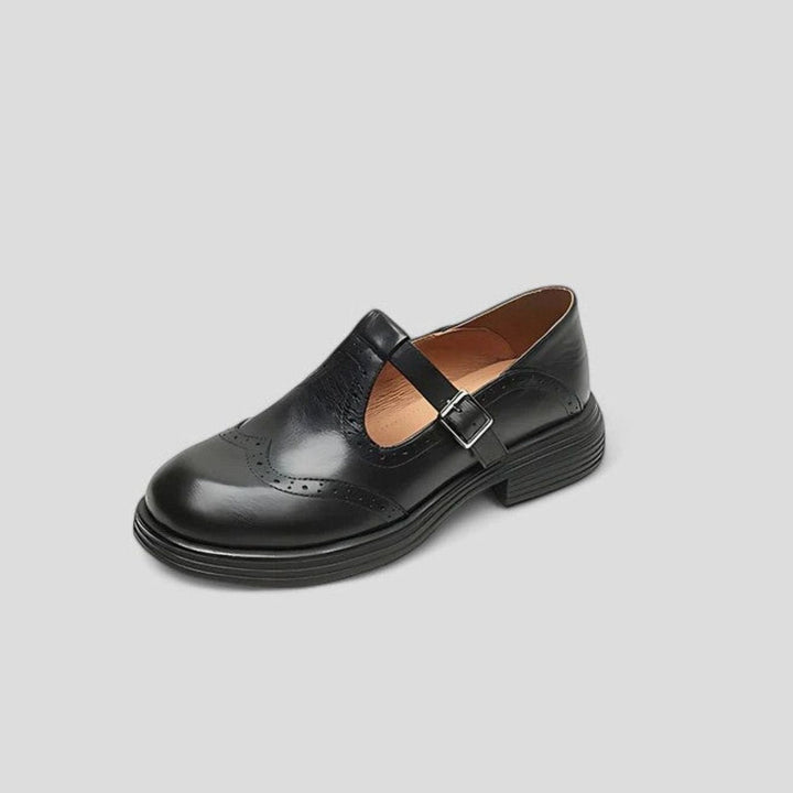 Cecilia | Kvinne Vintage Brogue Lær T-Stropper Sko Spenne Flats
