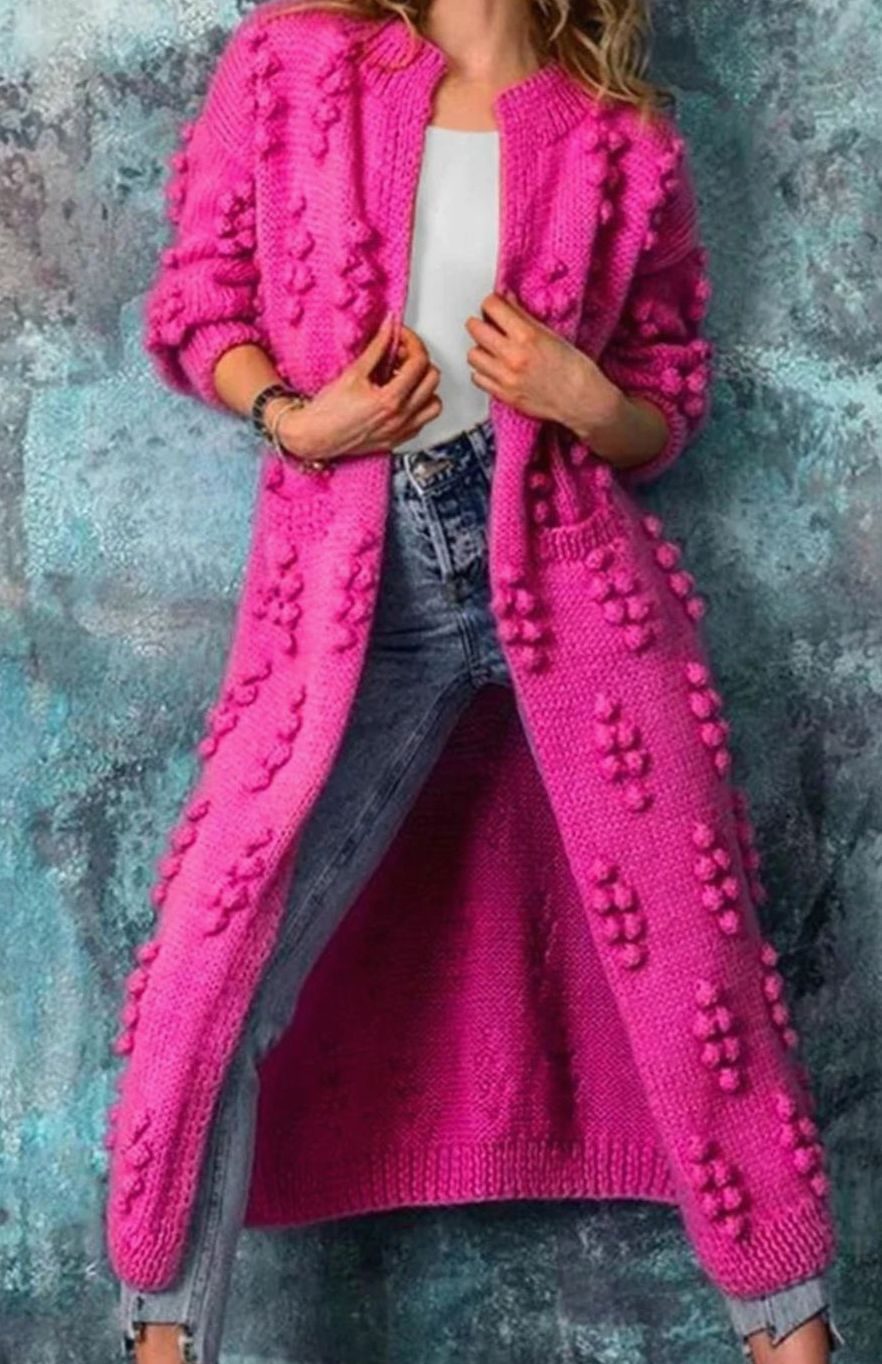 Cheryl | Kvinners Lang Åpen-Front Pom-Pom Strikket Cardigan Genser