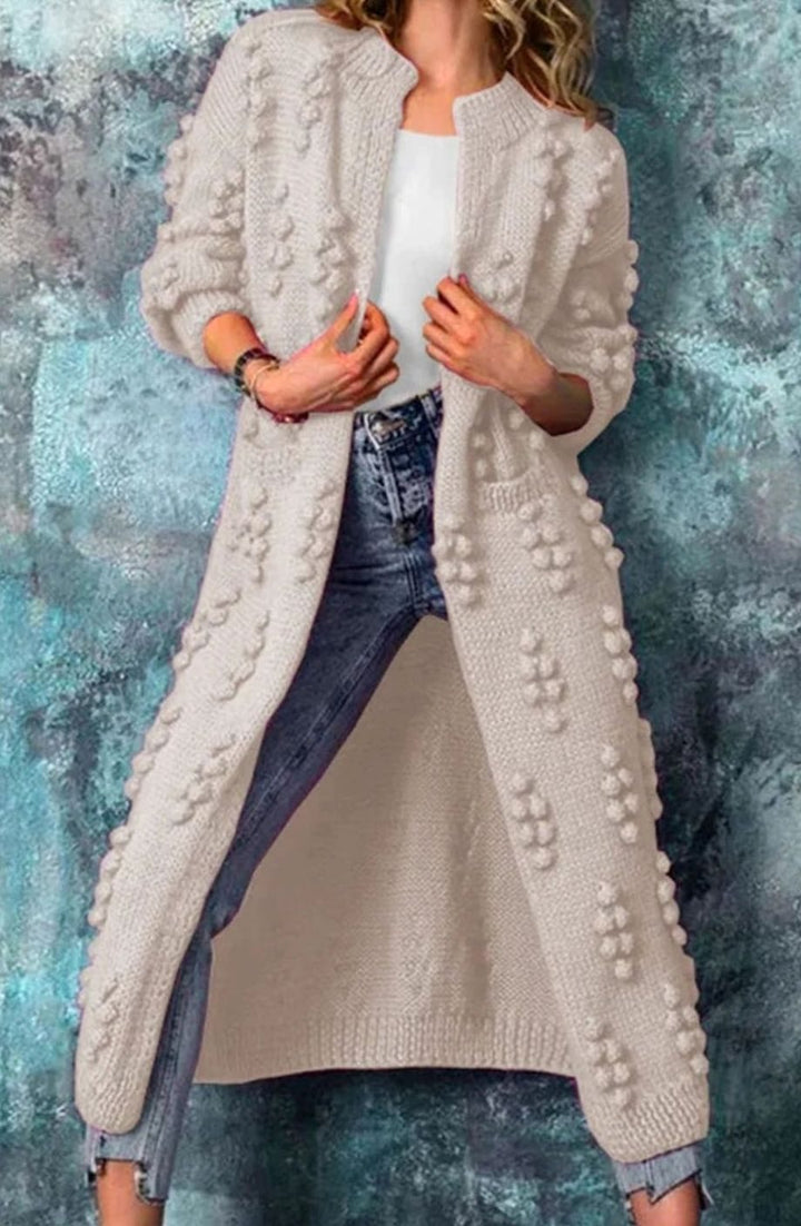 Cheryl | Kvinners Lang Åpen-Front Pom-Pom Strikket Cardigan Genser