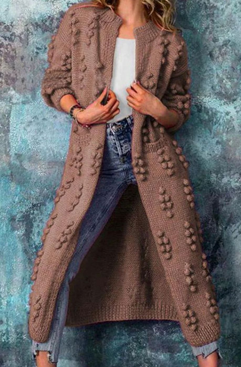 Cheryl | Kvinners Lang Åpen-Front Pom-Pom Strikket Cardigan Genser