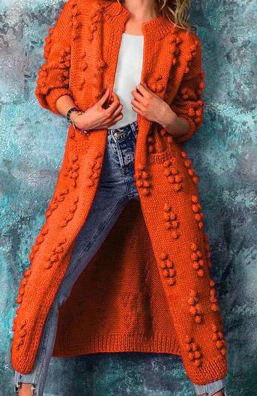 Cheryl | Kvinners Lang Åpen-Front Pom-Pom Strikket Cardigan Genser