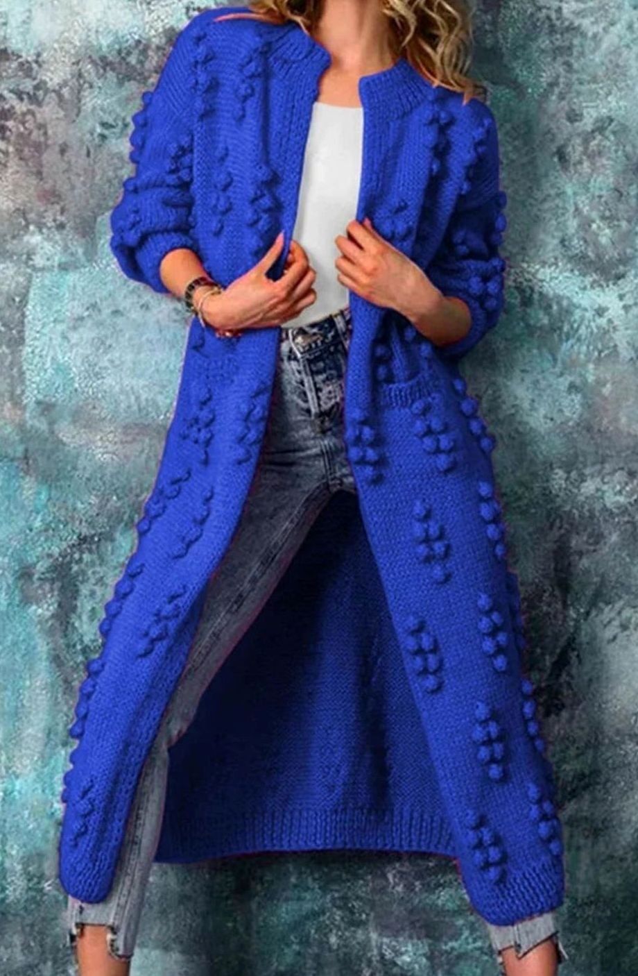Cheryl | Kvinners Lang Åpen-Front Pom-Pom Strikket Cardigan Genser