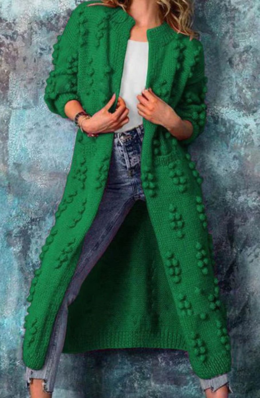 Cheryl | Kvinners Lang Åpen-Front Pom-Pom Strikket Cardigan Genser