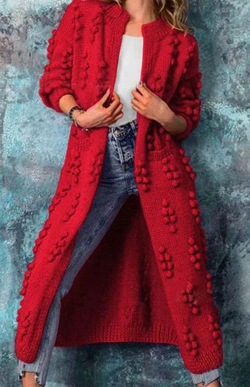 Cheryl | Kvinners Lang Åpen-Front Pom-Pom Strikket Cardigan Genser