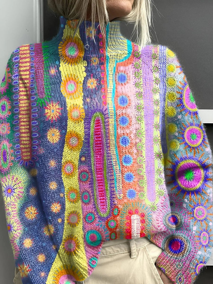 Dame Multifarget Turtleneck Genser med Sirkel Mønster