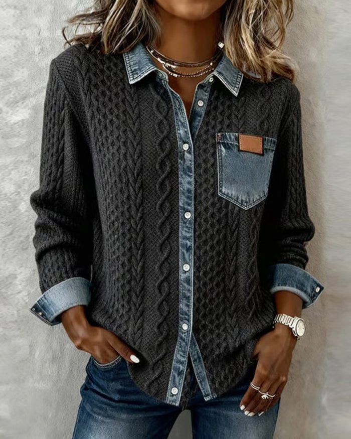 Dame Bluse med Kabelstrikk og Denimdetaljer