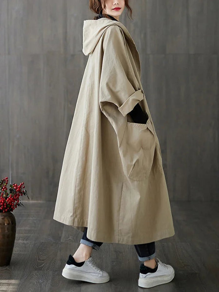 Dame Oversized Trenchcoat med Hette og Store Lommer