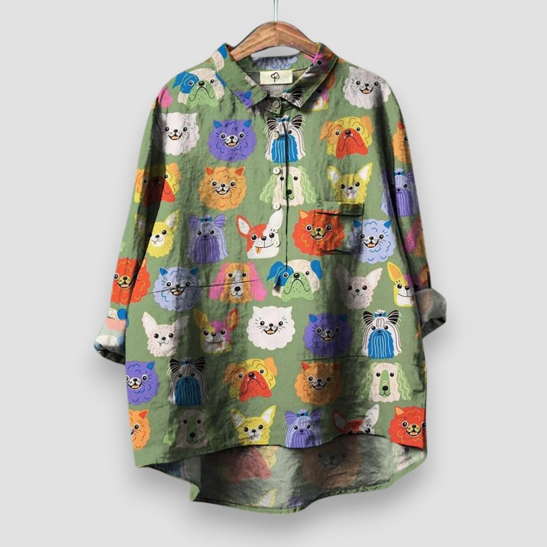 Damebluse | Hundemønster med Knapper