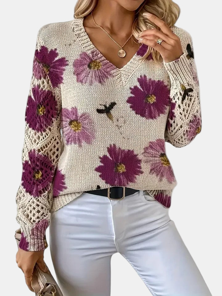 Damegenser | Blomsterstrikk V-hals