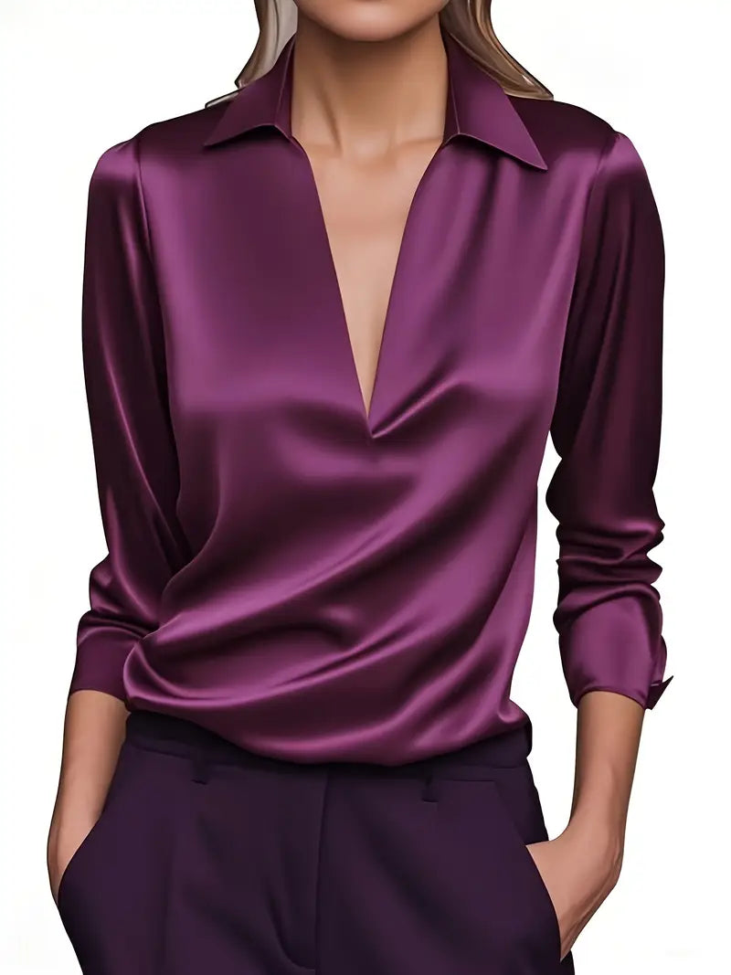 Damebluse | Langermet Krage V-Hals