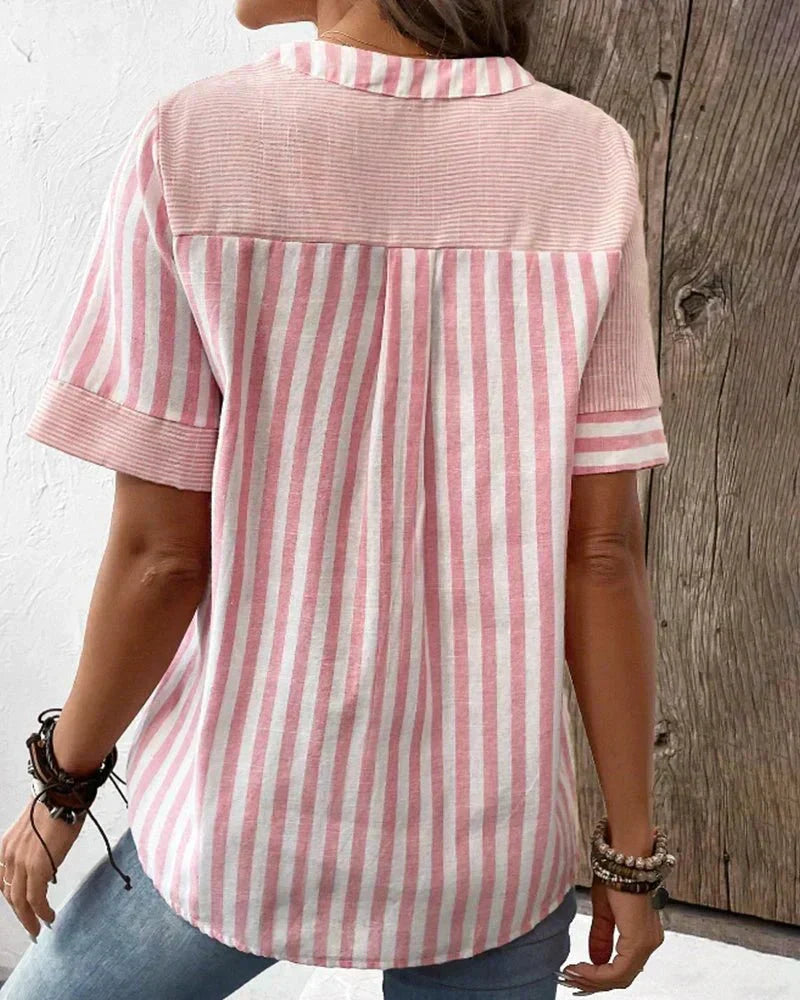 Kvinnebluse | Stripete Panel Knapp Front