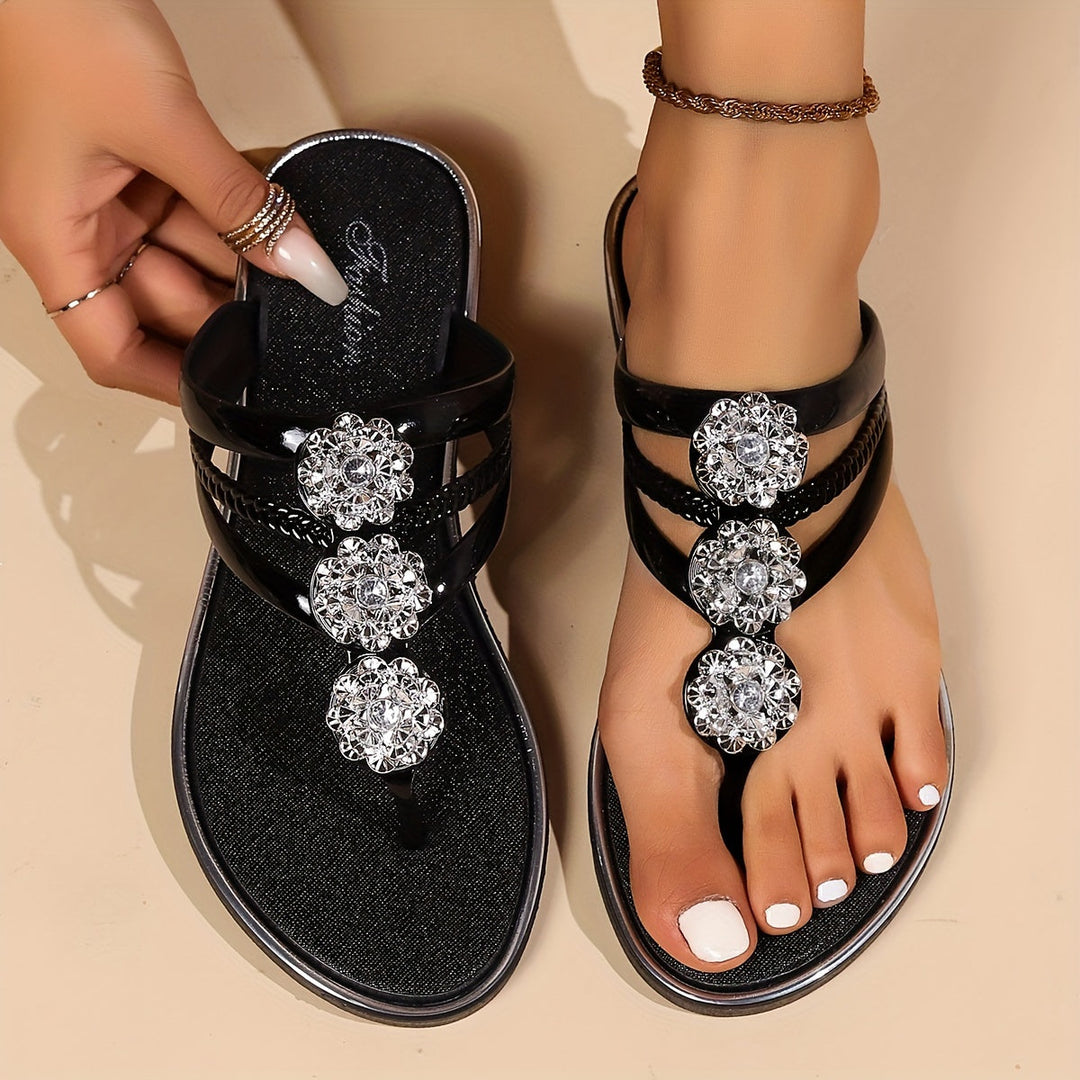 Sandaler for kvinner | Rhinestone T-Stropp Flate Sandaler