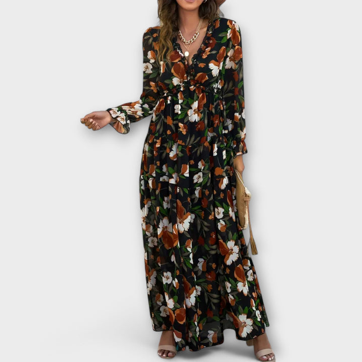 Kjole for kvinner | Blomstrete V-hals langermet maxi