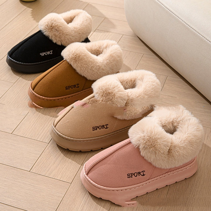 Platåtøfler med fuskepels i beige