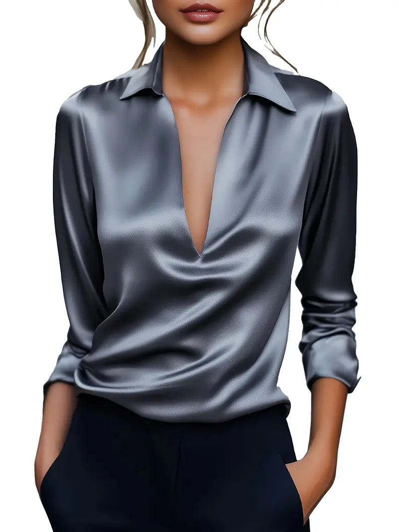 Damebluse | Langermet Krage V-Hals
