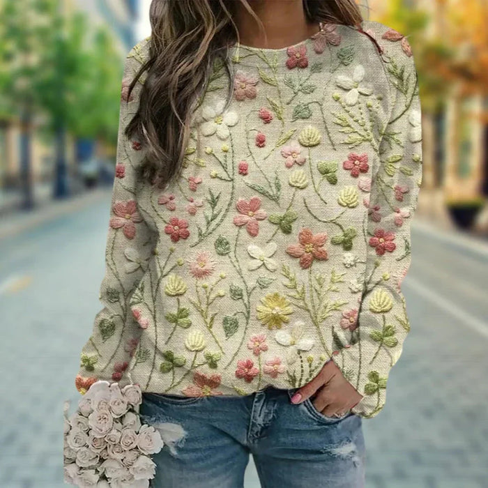 Dame Brodert Blomstertopp med Rund Hals og Lange Ermer