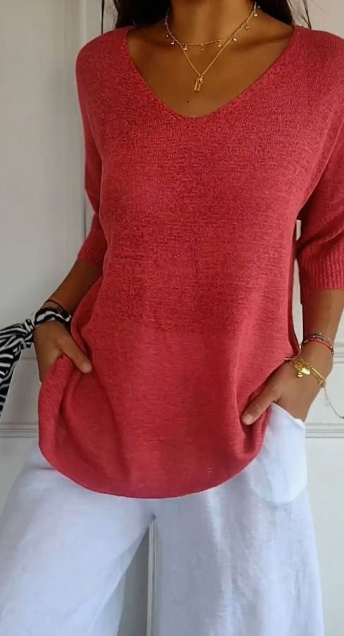 Hazel | Kvinne Langline Løs Passform V-Hals Strikket Tunika Topp