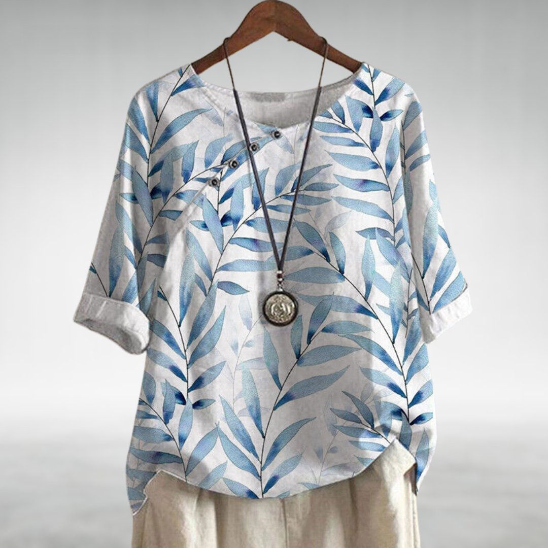 Damebluse | Trykt Asymmetrisk Knappebluse