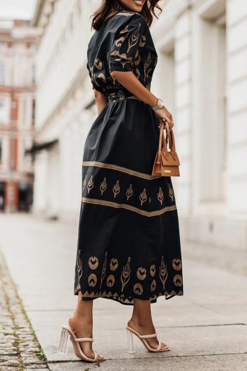 Kvinne Boho Midi Kjole | Trykt Belte