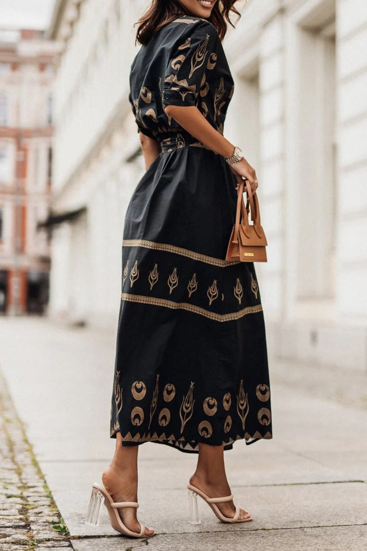 Kvinne Boho Midi Kjole | Trykt Belte