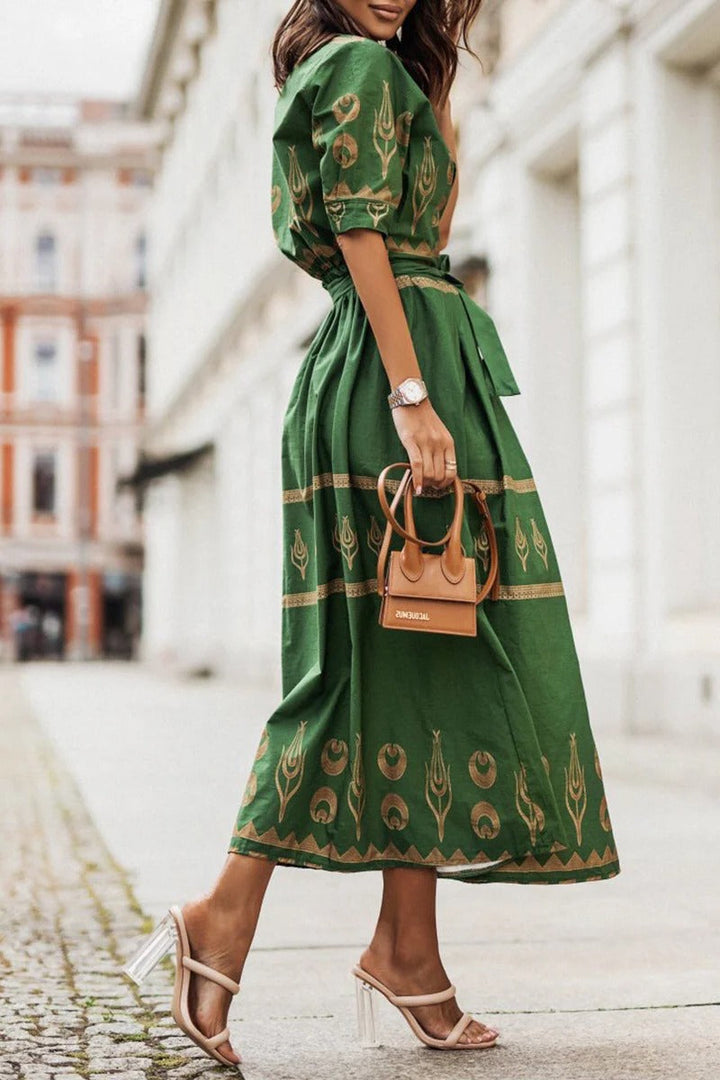 Kvinne Boho Midi Kjole | Trykt Belte