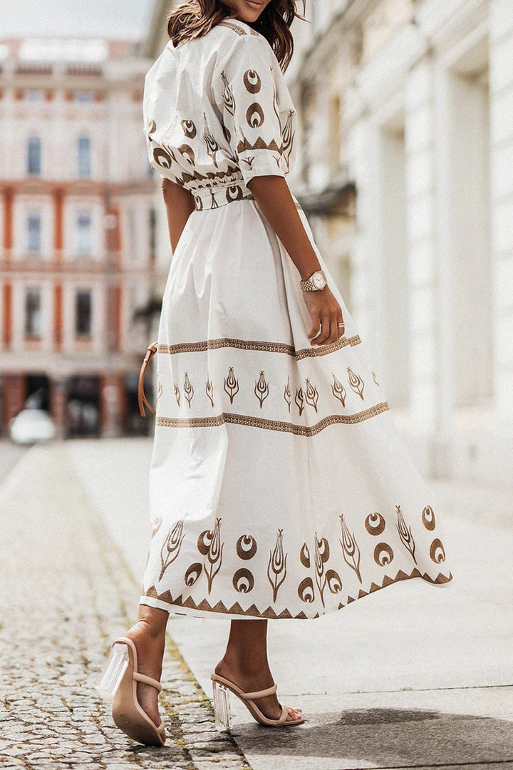 Kvinne Boho Midi Kjole | Trykt Belte