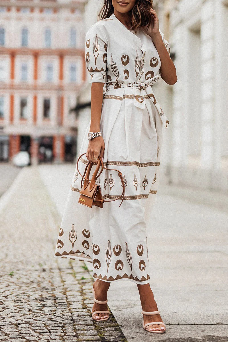 Kvinne Boho Midi Kjole | Trykt Belte