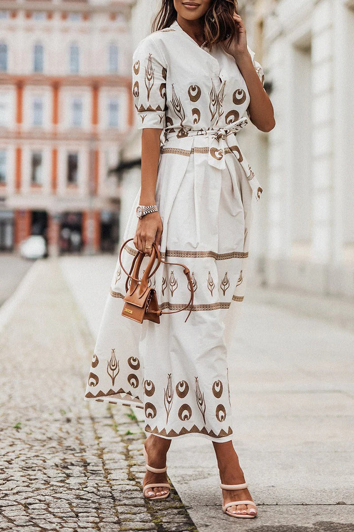 Kvinne Boho Midi Kjole | Trykt Belte