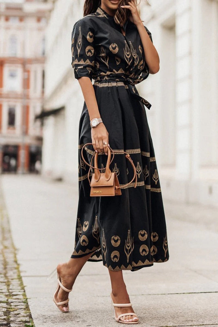 Kvinne Boho Midi Kjole | Trykt Belte