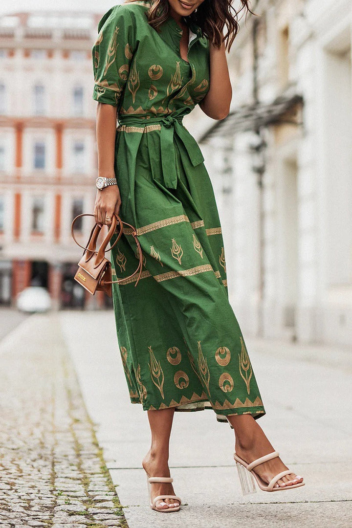 Kvinne Boho Midi Kjole | Trykt Belte