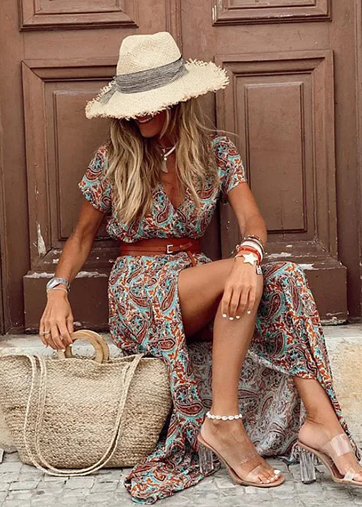 Kvinneklær | Boho V-Hals Maxi med Belte