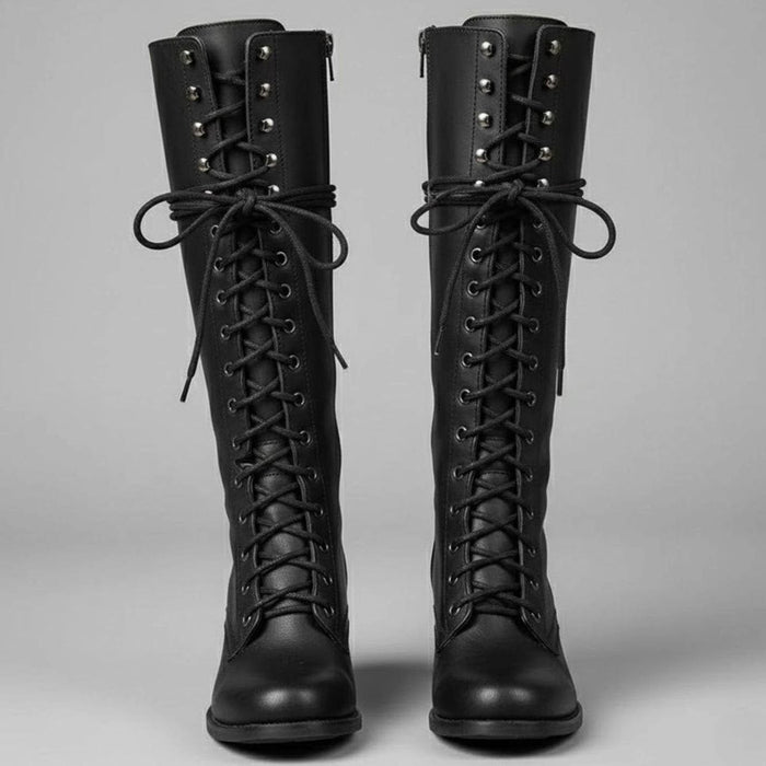 Jocelyn | Kvinne Lace-Up Blokk Hæl Spikret Kne-Høye Støvler