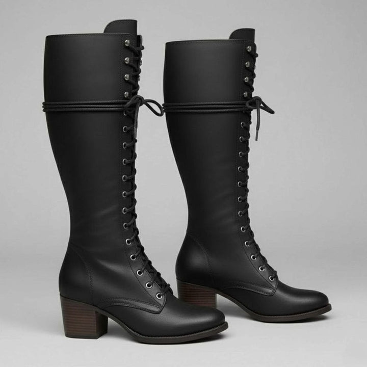 Jocelyn | Kvinne Lace-Up Blokk Hæl Spikret Kne-Høye Støvler