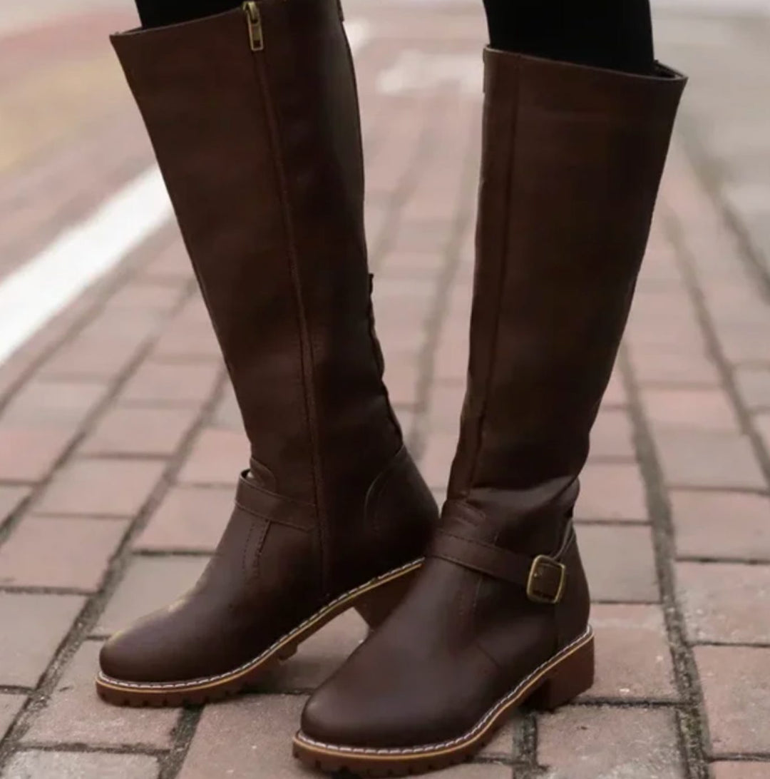 Kelsey | Kvinne Knee-High Spenne-Rem Blokkhæl Lærstøvler