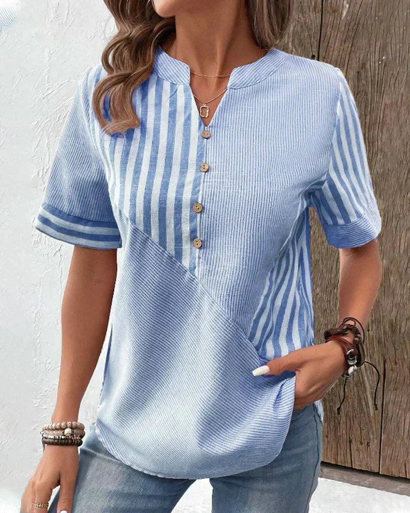 Kvinnebluse | Stripete Panel Knapp Front