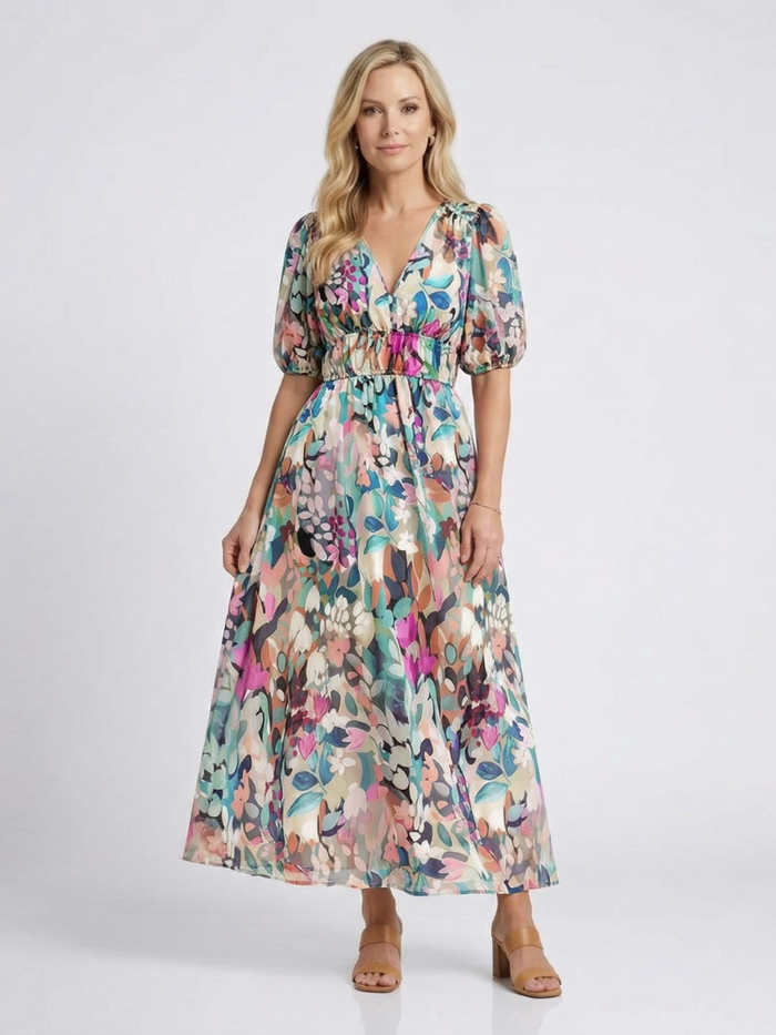 Kvinne Boho Midi Kjole | V-hals Blomster