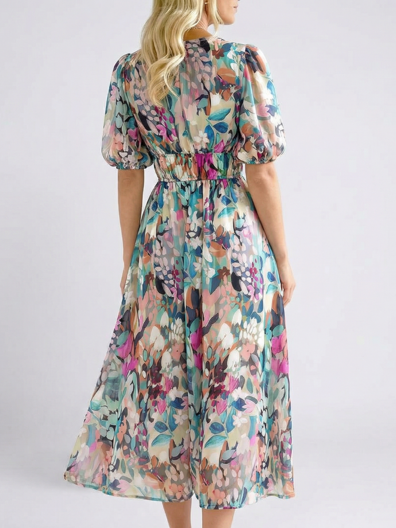Kvinne Boho Midi Kjole | V-hals Blomster