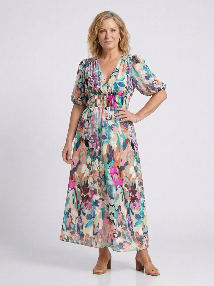Kvinne Boho Midi Kjole | V-hals Blomster