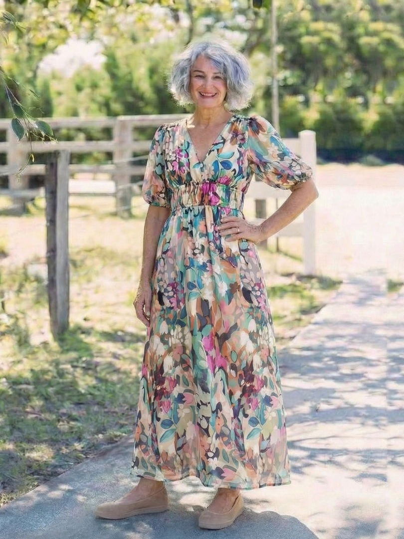 Kvinne Boho Midi Kjole | V-hals Blomster